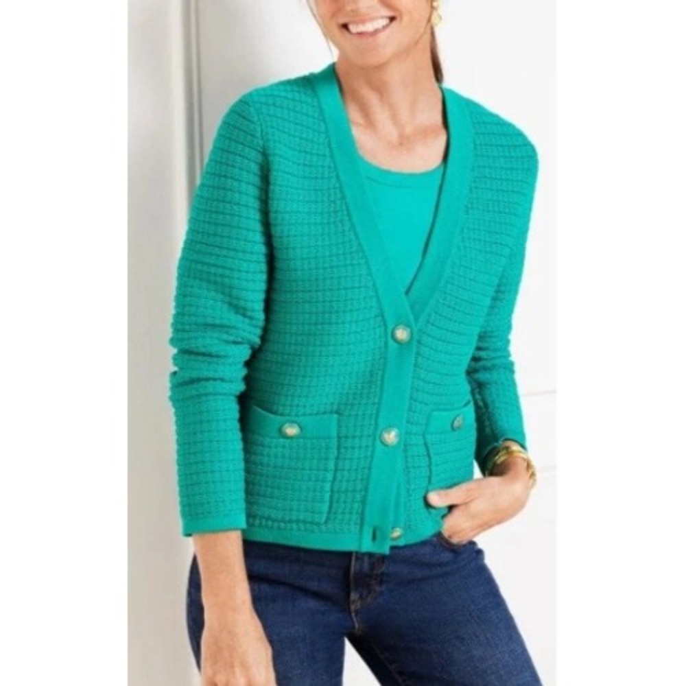 Talbots Petite Teal Green Textured Knit Kate Cardigan Gold Button Sweater L P